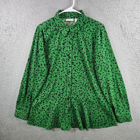 Susan Graver Tops - Susan Graver Green Black Abstract Print Peplum Button Front Blouse Womens Medium